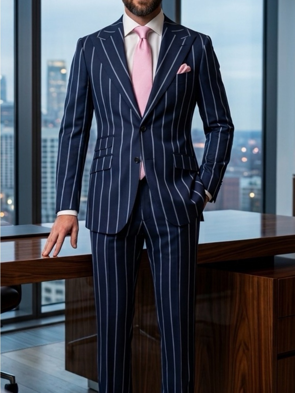 Navy bold Pinstripe super 150 wool suit 
Made in Italy